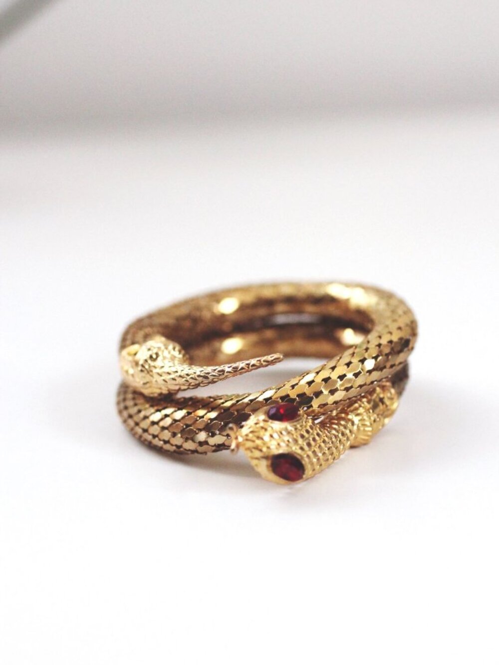 Vintage Gold Coiled Snake Wrap Bracelet Mesh Red Eyes Mid Century Costume Jewelr